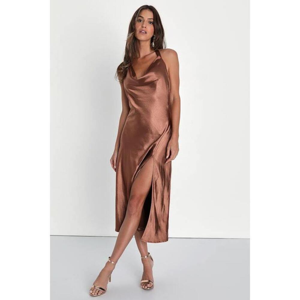 Lulus Sophisticated Impression Brown Satin Backless Cowl Midi Dress - Size M